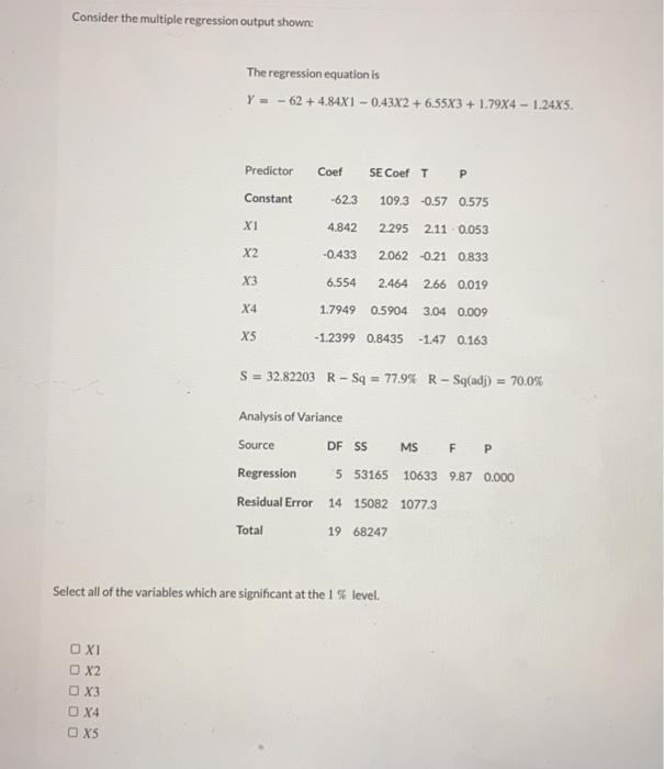 Consider the multiple regression output shown: The regression equation is Y=-62+4.84X1-0.43x2 +