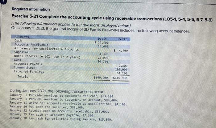 Required information Exercise 5-21 Complete the accounting cycle using receivable transactions (LO5-1,