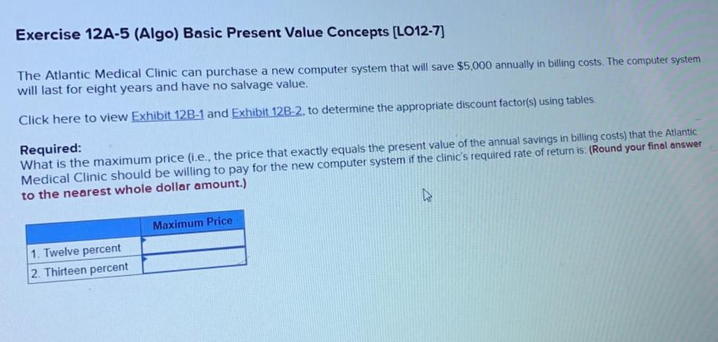 Exercise 12A-5 (Algo) Basic Present Value Concepts [LO12-7] The Atlantic Medical Clinic