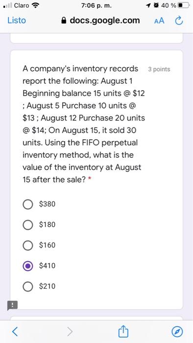 ll Claro Listo 7:06 p. m. 40% docs.google.com AA C A company's