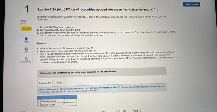 33.33 point 1 Skipped ellook H References Exercise 7-2A (Algo) Effects of