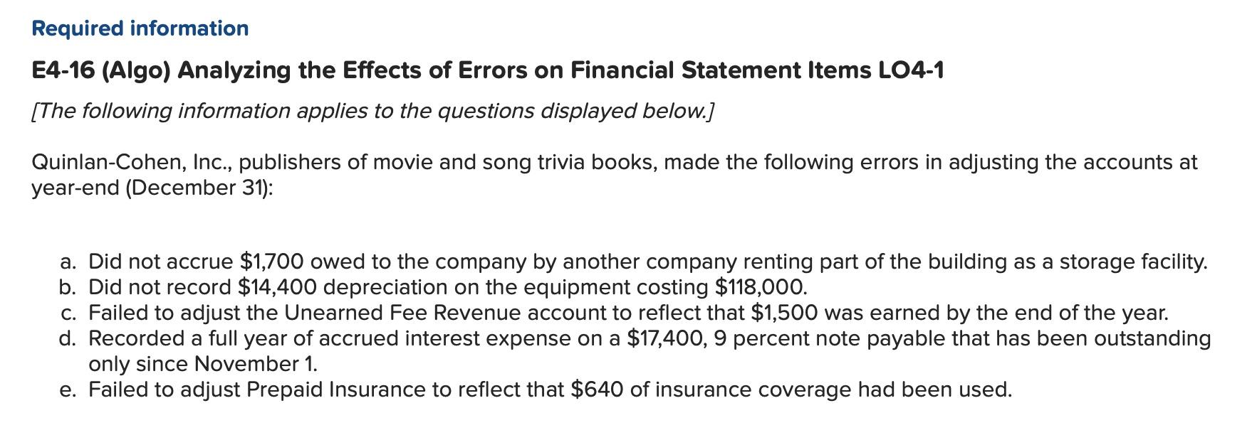 Required information E4-16 (Algo) Analyzing the Effects of Errors on Financial Statement