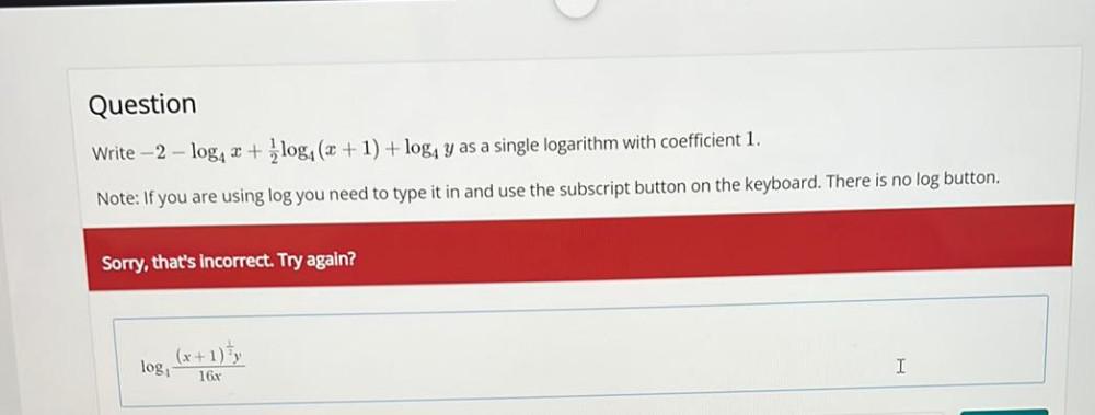 Question Write-2-log + log (x + 1) + log y as a