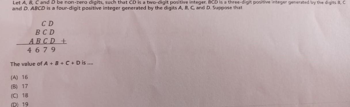 Let A, B, C and D be non-zero digits, such that CD