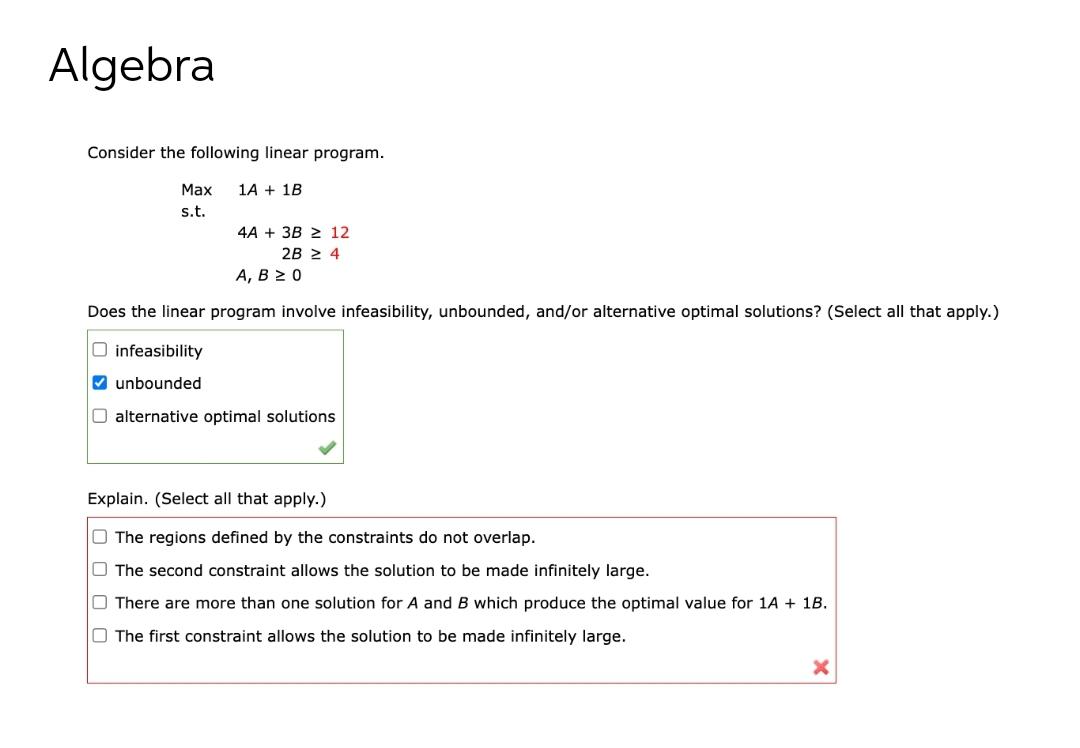 Algebra Consider the following linear program. Max s.t. 1A + 1B 4A
