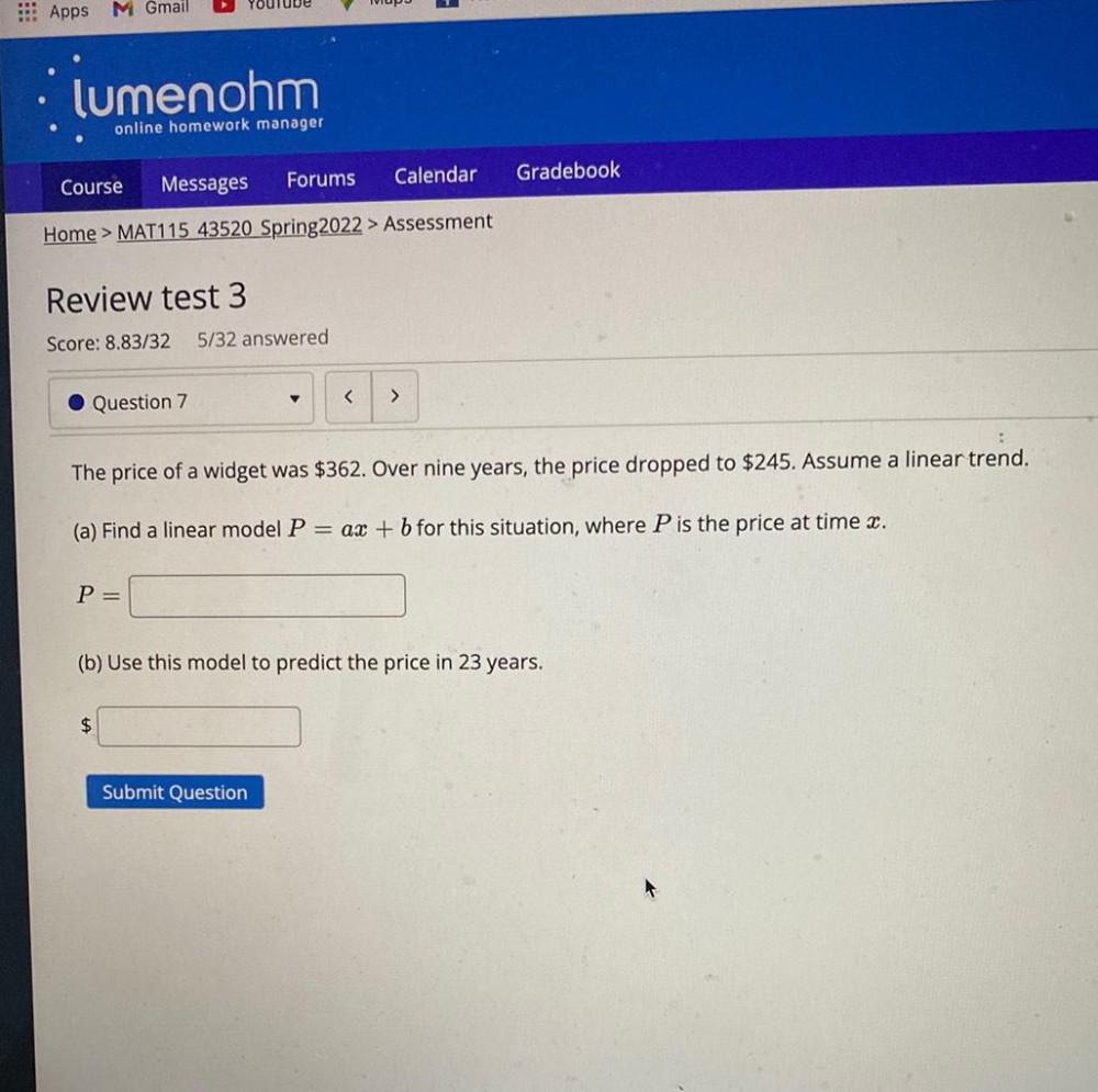 Apps M Gmail lumenohm online homework manager Course Messages Forums Calendar Gradebook