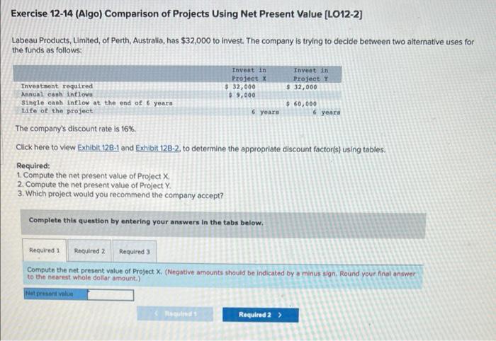 Exercise 12-14 (Algo) Comparison of Projects Using Net Present Value [LO12-2] Labeau