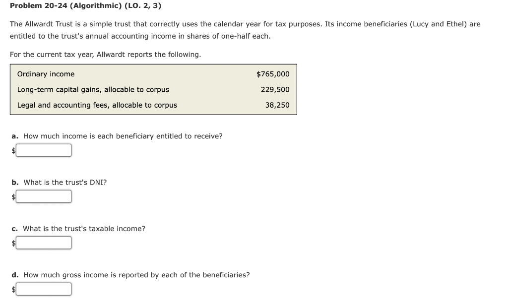 Problem 20-24 (Algorithmic) (LO. 2, 3) The Allwardt Trust is a simple