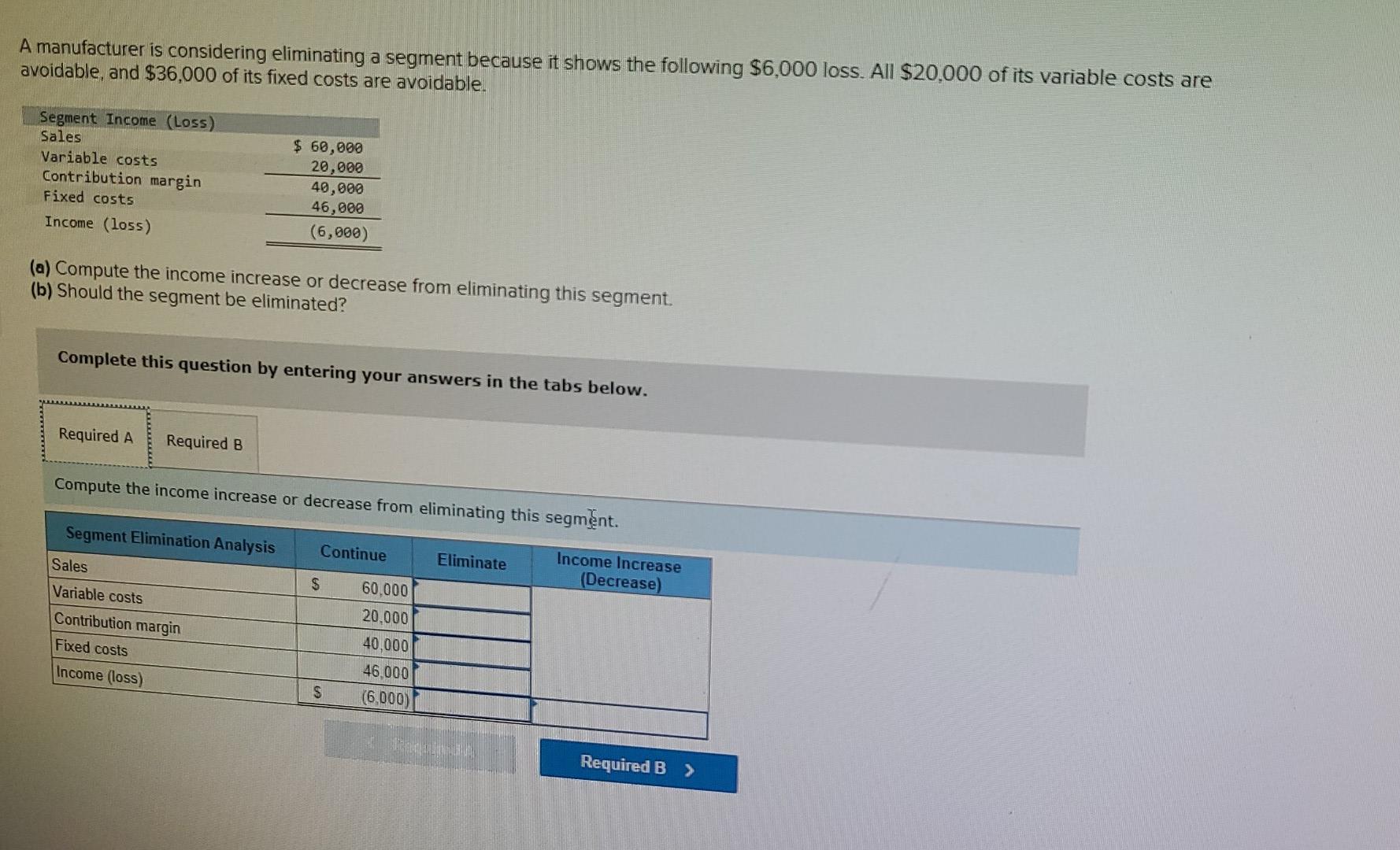 A manufacturer is considering eliminating a segment because it shows the following