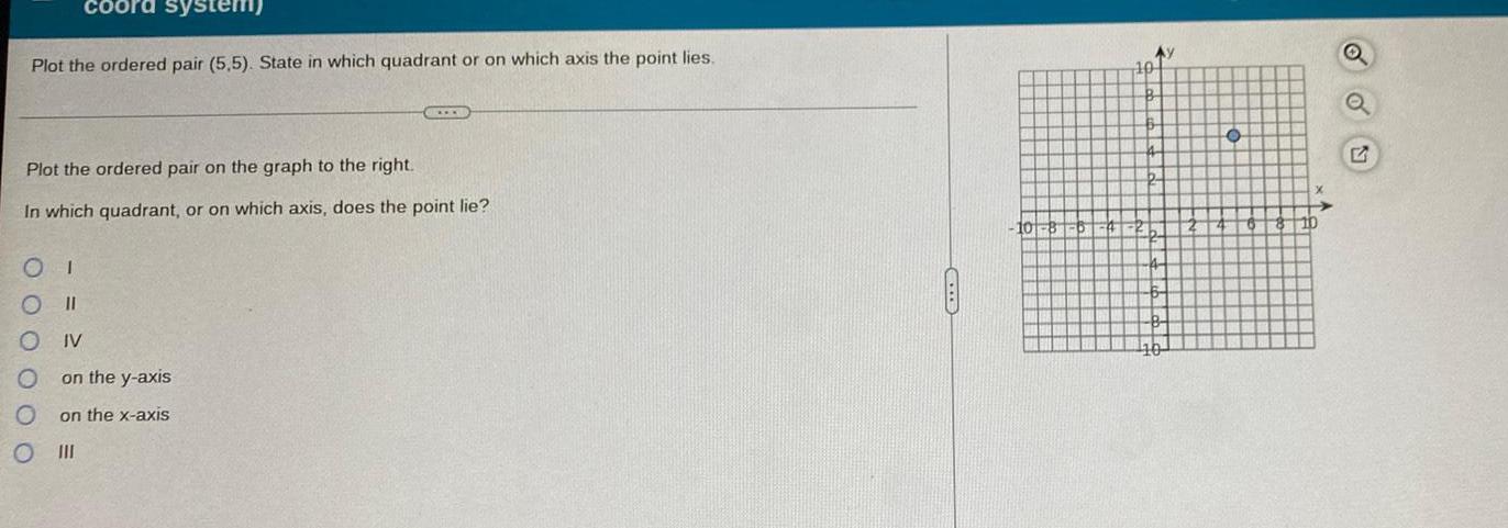 coord syst Plot the ordered pair (5,5). State in which quadrant or