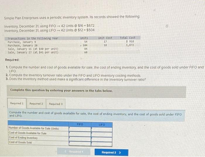 Simple Plan Enterprises uses a periodic inventory system. Its records showed the
