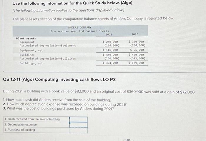 Use the following information for the Quick Study below. (Algo) [The following