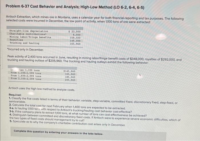 Problem 6-37 Cost Behavior and Analysis; High-Low Method (LO 6-2, 6-4, 6-5)