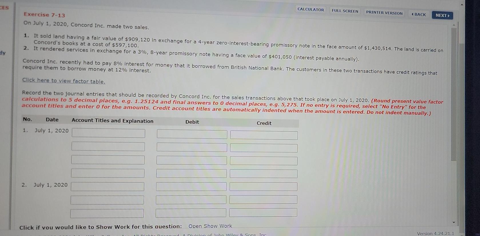 CES CALCULATOR FULL SCREEN PRINTER VERSION BACK NEXT dy Exercise 7-13 On