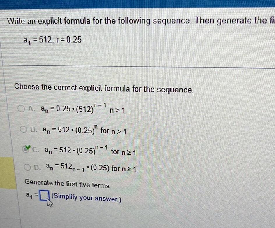 Write an explicit formula for the following sequence. Then generate the fi