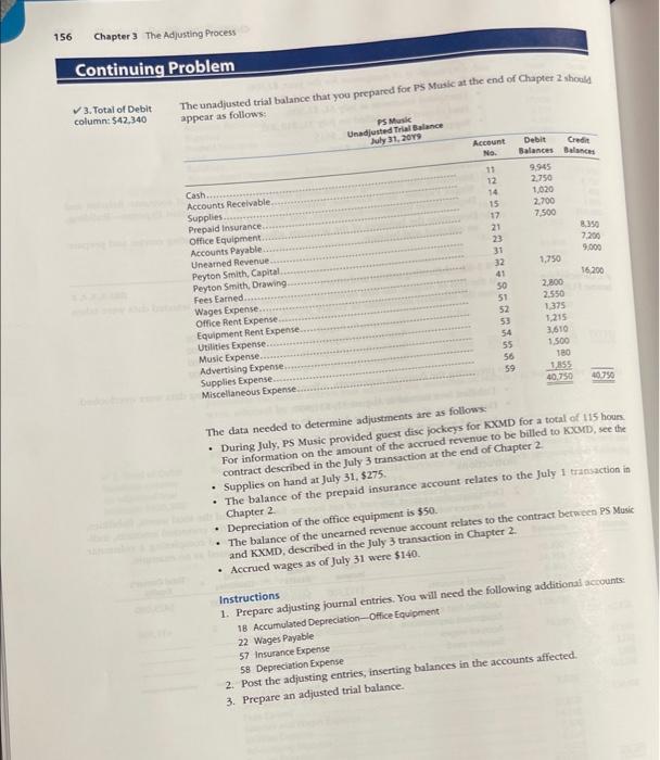 156 Chapter 3 The Adjusting Process Continuing Problem 3. Total of Debit