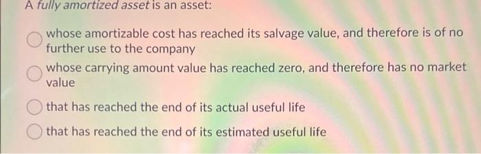 A fully amortized asset is an asset: whose amortizable cost has reached