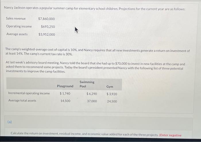 Nancy Jackson operates a popular summer camp for elementary school children. Projections