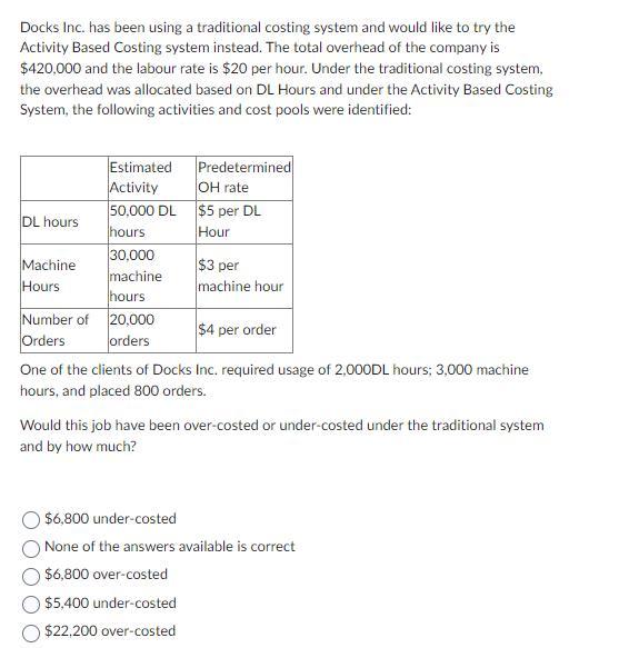 Docks Inc. has been using a traditional costing system and would like