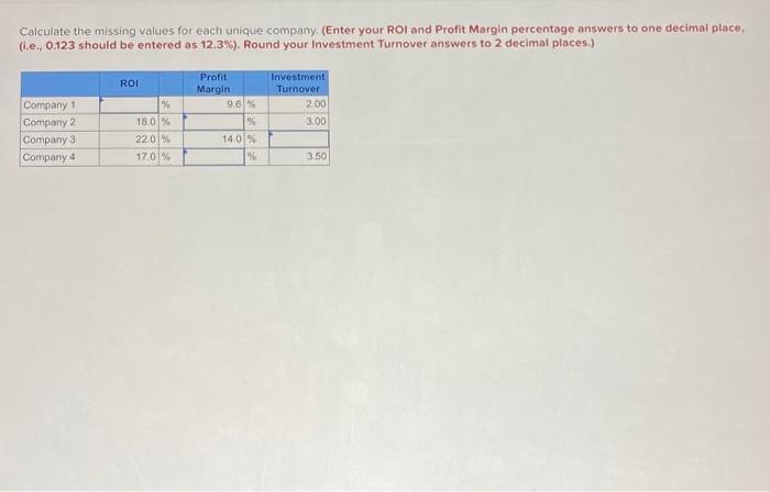 Calculate the missing values for each unique company. (Enter your ROI and