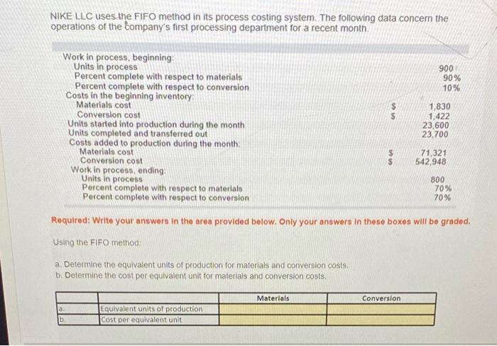 NIKE LLC uses the FIFO method in its process costing system. The