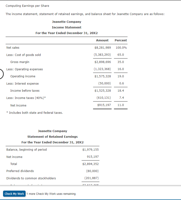 Computing Earnings per Share The income statement, statement of retained earnings, and