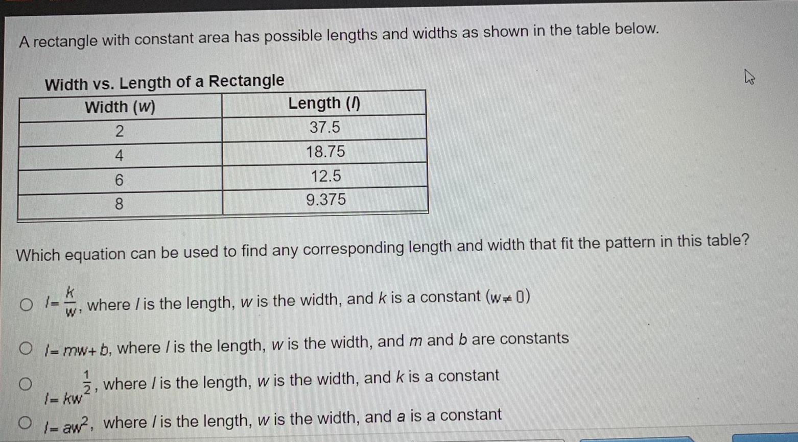 A rectangle with constant area has possible lengths and widths as shown