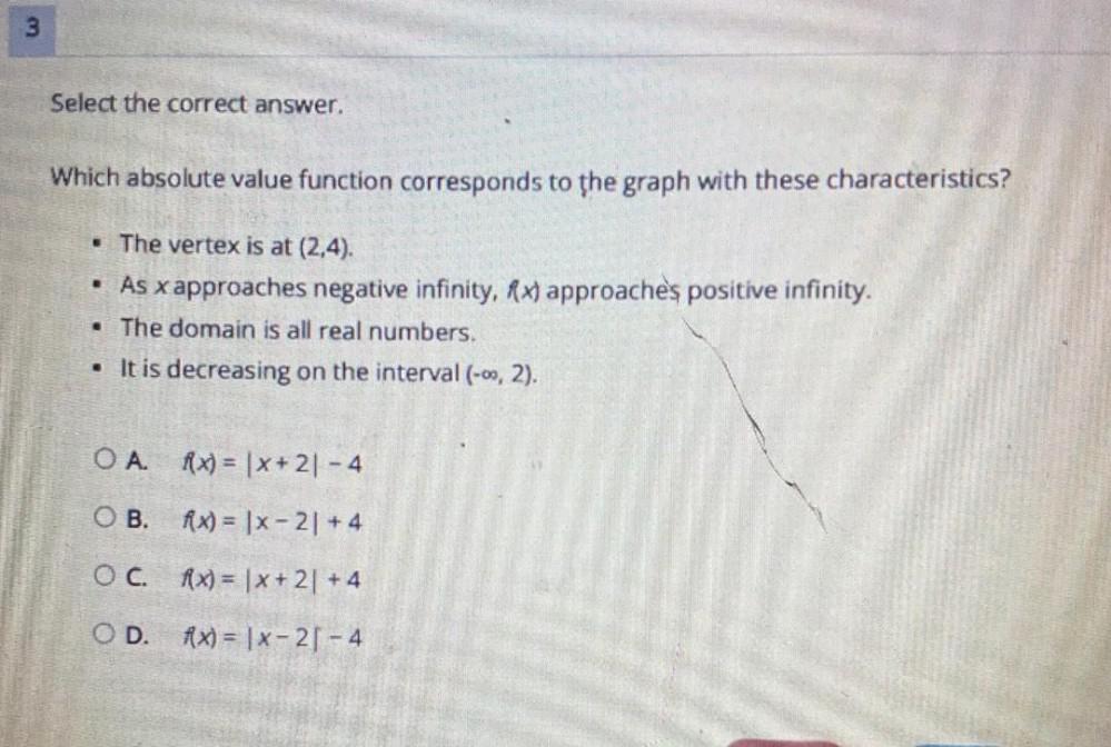3 Select the correct answer. Which absolute value function corresponds to the