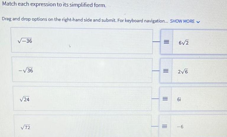 Match each expression to its simplified form. Drag and drop options on