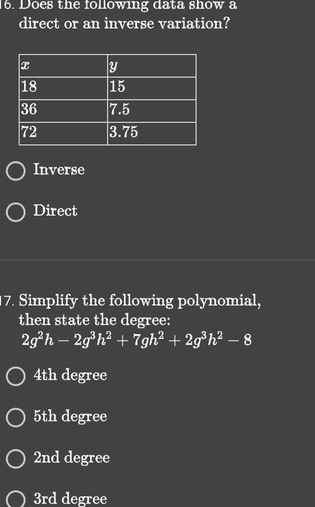 16. Does the following data show a direct or an inverse variation?