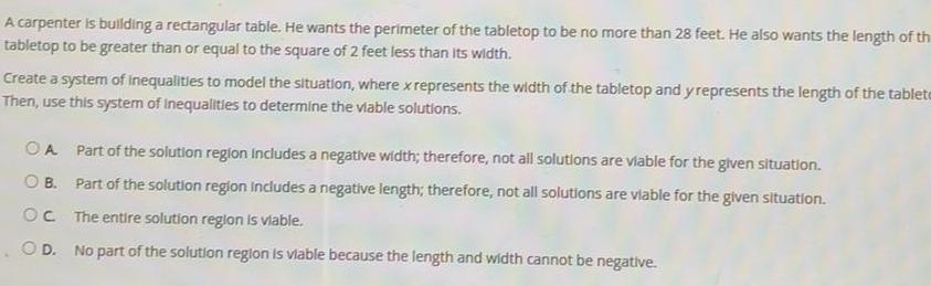 A carpenter is building a rectangular table. He wants the perimeter of