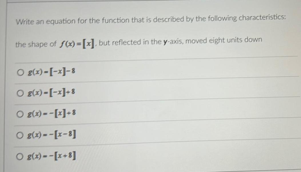 Write an equation for the function that is described by the following