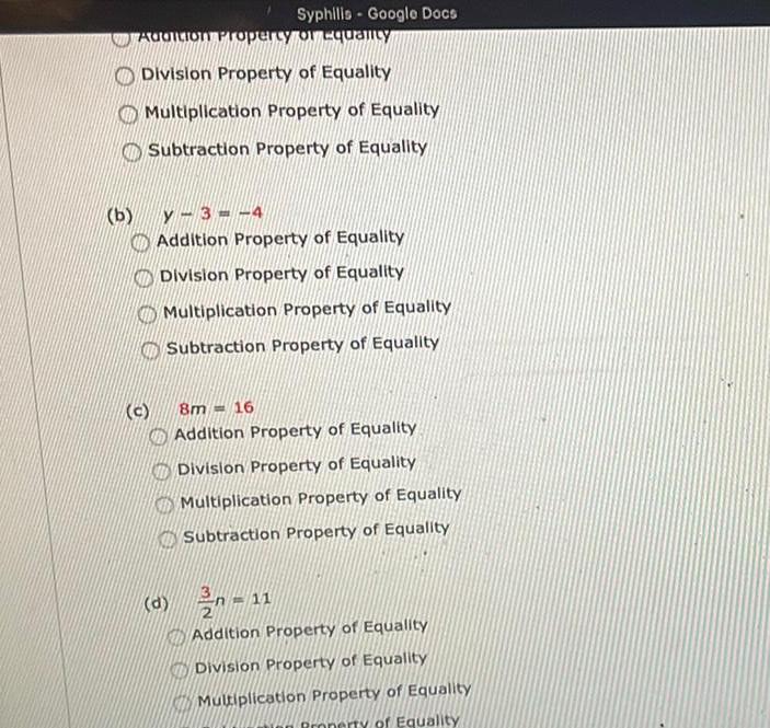 (b) (c) Syphilis Google Docs Addition Property or Equality Division Property of