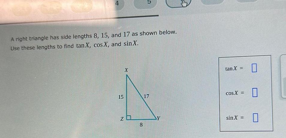 4 A right triangle has side lengths 8, 15, and 17 as