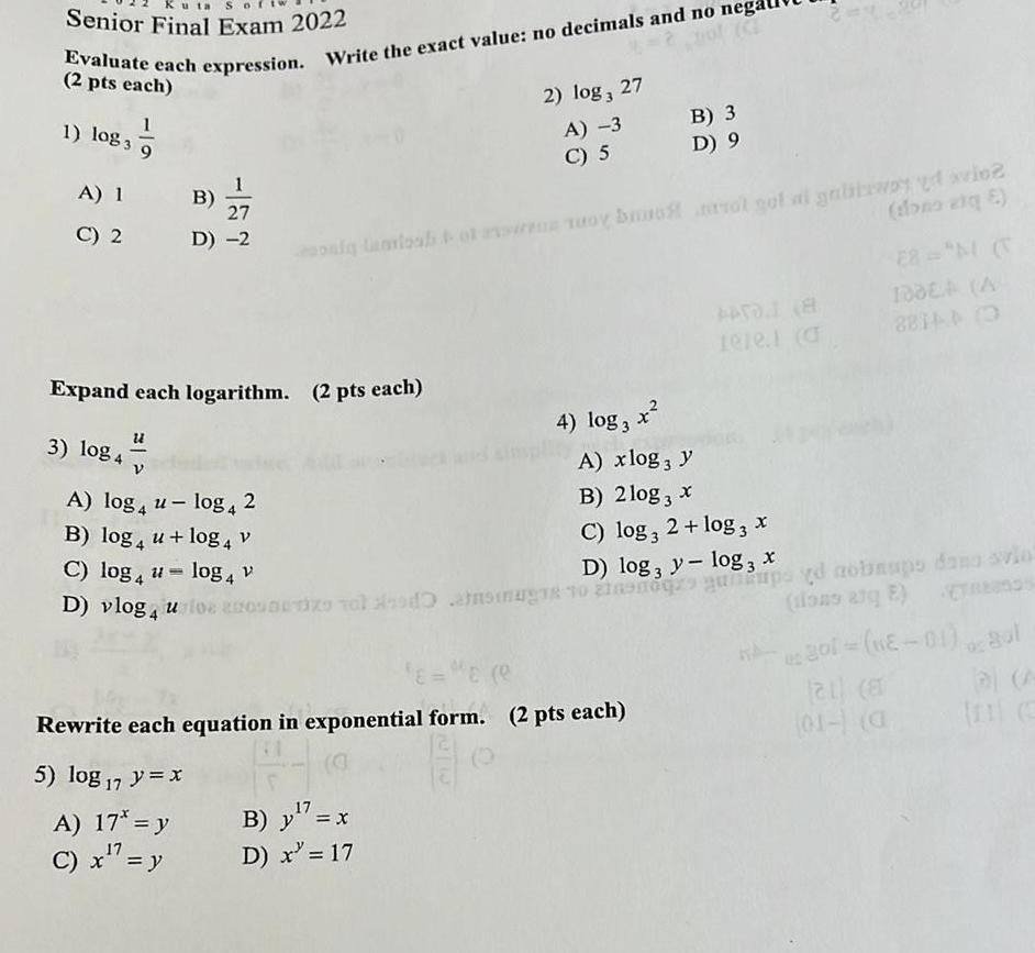 S Senior Final Exam 2022 Evaluate each expression. Write the exact value: