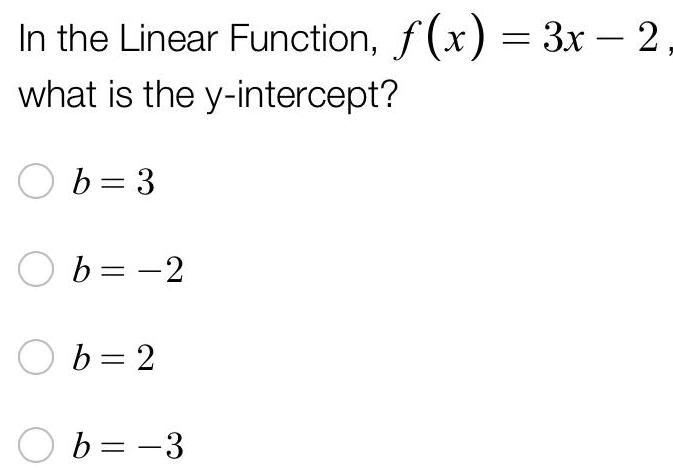 In the Linear Function, f(x) = 3x-2 what is the y-intercept? b=3
