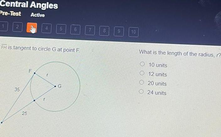 Central Angles Pre-Test Active 1 2 5 6 8 9 10 FH