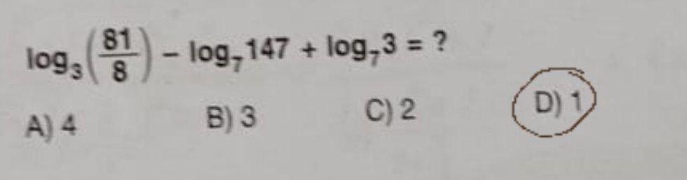 (81) - log, 147 + log,3 = ? logs 8 A) 4