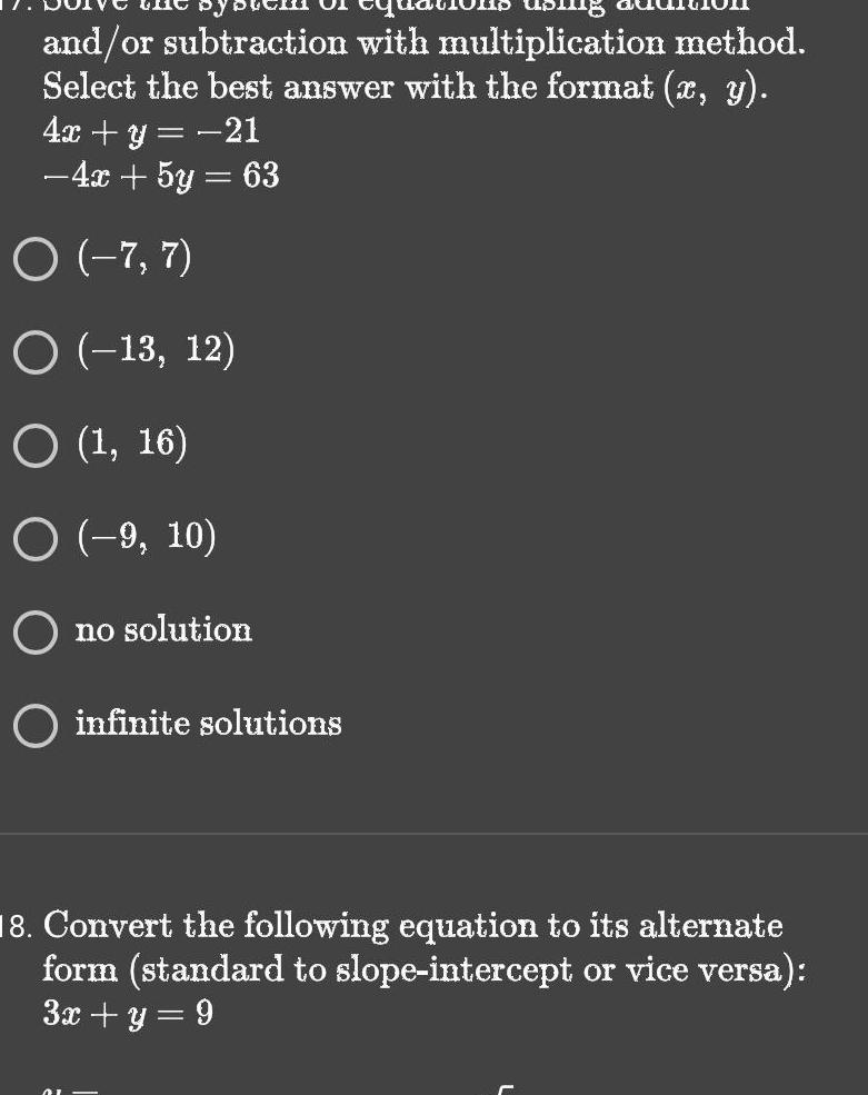 and/or subtraction with multiplication method. Select the best answer with the format
