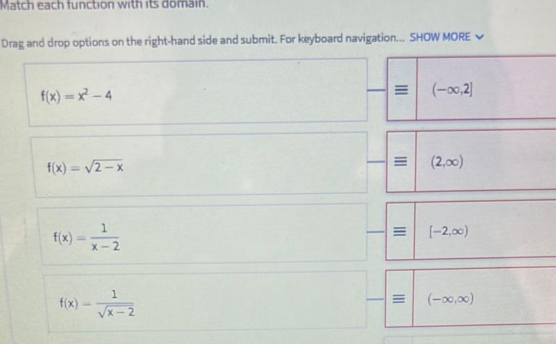 Match each function with its domain. Drag and drop options on the