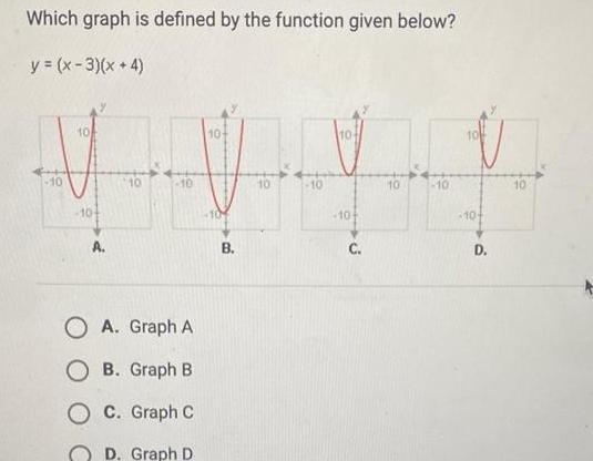 Which graph is defined by the function given below? y = (x-3)(x+4)