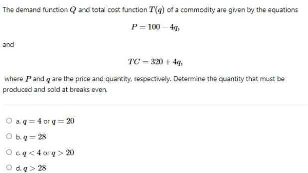 The demand function Q and total cost function T(g) of a commodity