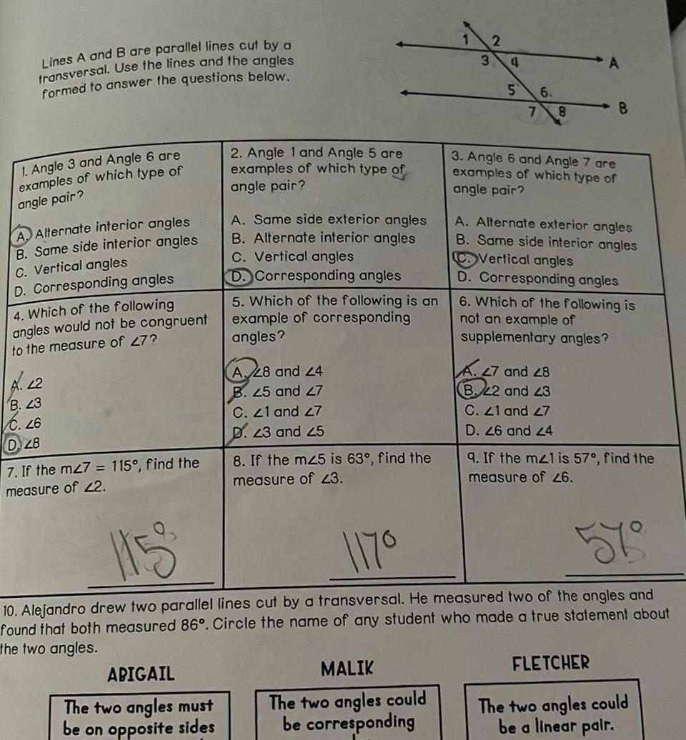 Lines A and B are parallel lines cut by a transversal. Use