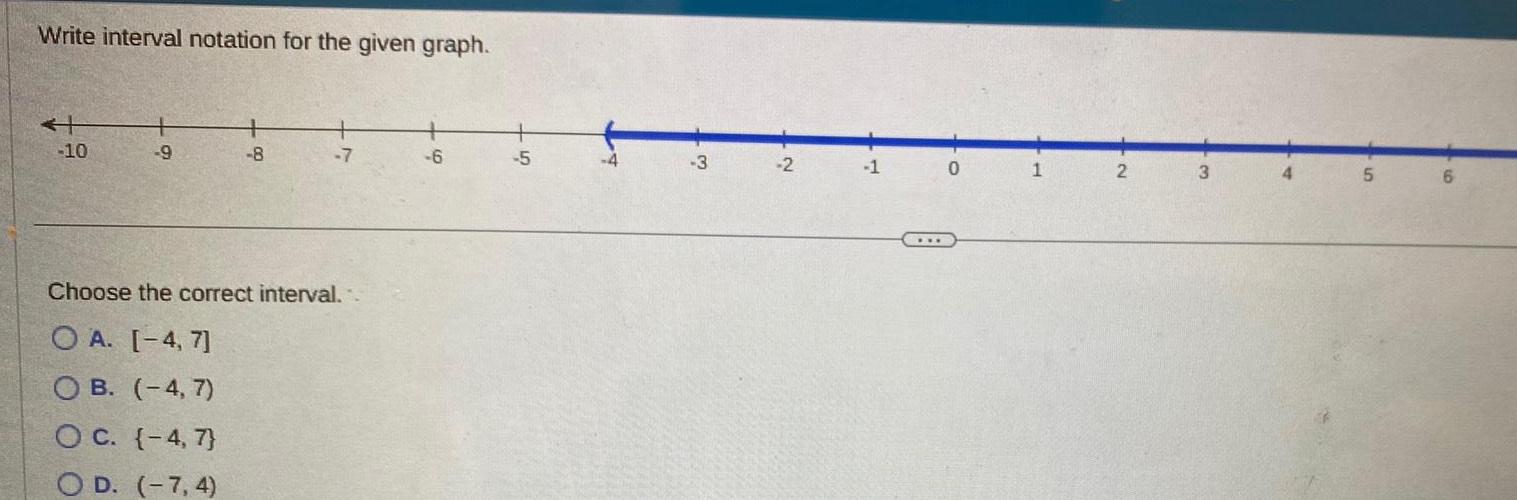 Write interval notation for the given graph. + -10 -9 -8 -7