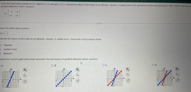 Solve the initial value probtom x'(1) Ax(t) for te0 with x(0)-(21) Classify