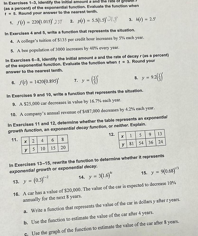 In Exercises 1-3, identify the initial amount a and the rate of
