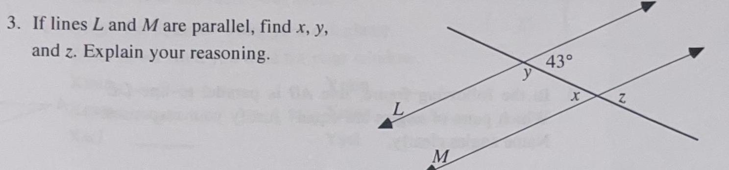 3. If lines L and M are parallel, find x, y, and
