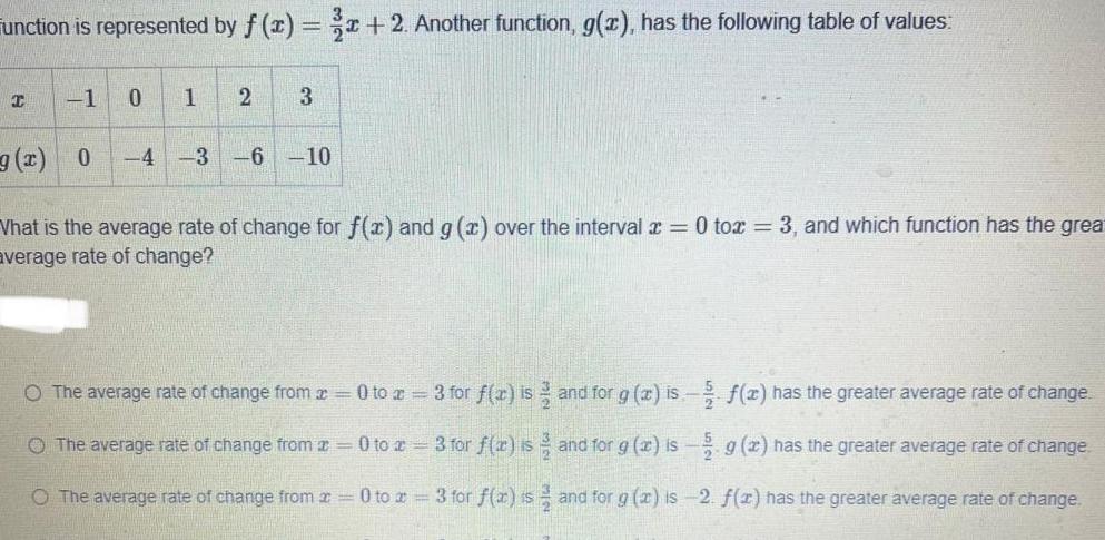 unction is represented by f (x)=3x+2. Another function, g(x), has the following