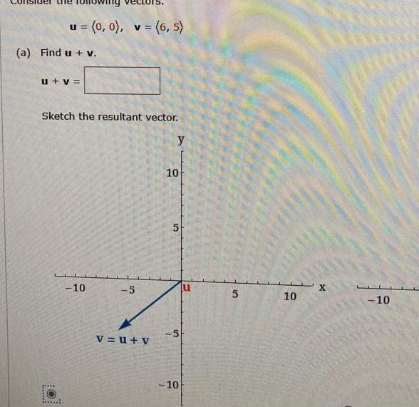 u = (0, 0), v = (6,5) (a) Find u + v.
