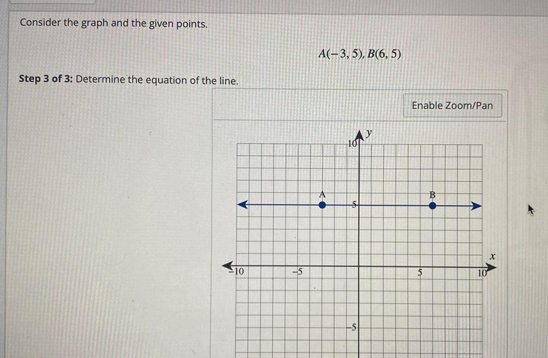 Consider the graph and the given points. A(-3, 5), B(6, 5) Step